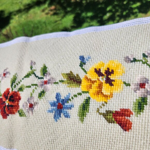 Vintage Hand-Stitched Floral Cross Stitch Runner 42" X 7" - Picture 8 of 15